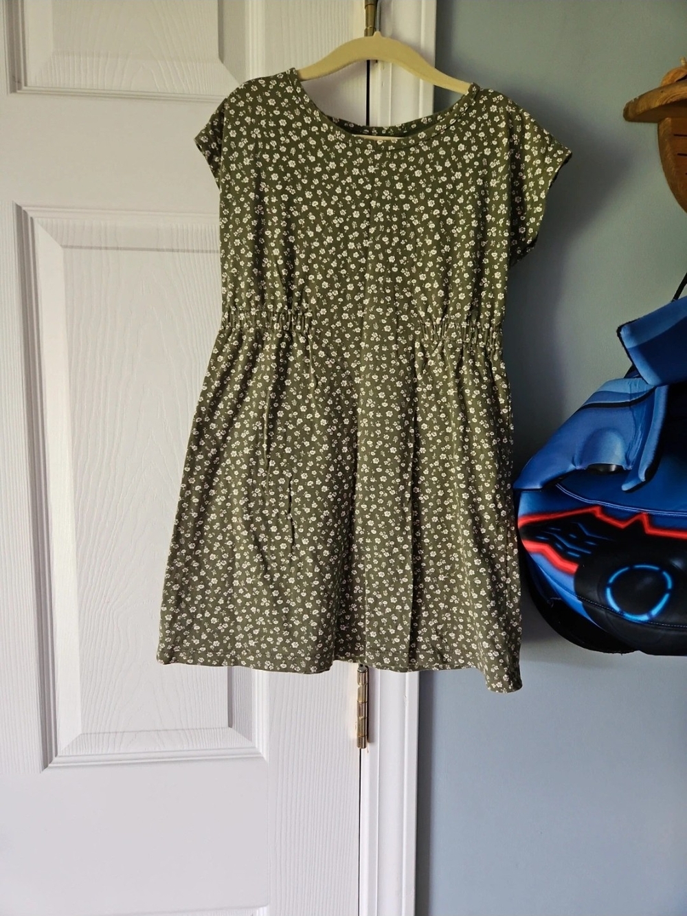 Old Navy Olive Green Floral Gathered-Waist Dress